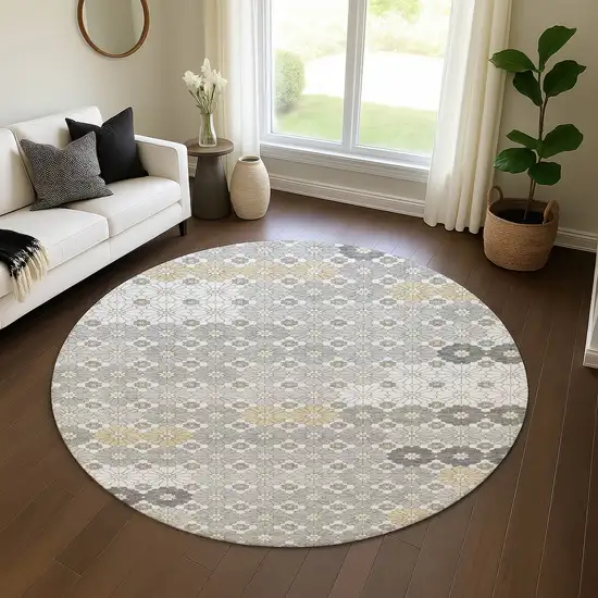 8' Gray Silver And Beige Geometric Washable Round Rug With UV Protection Photo 4