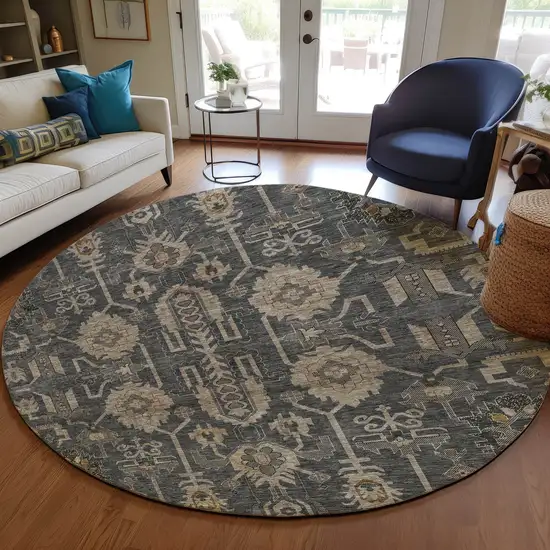 8' Gray Silver And Beige Round Oriental Washable Indoor Outdoor Area Rug Photo 7