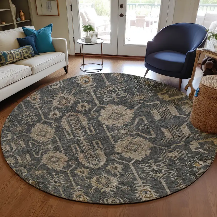 8' Gray Silver And Beige Round Oriental Washable Indoor Outdoor Area Rug Photo 7