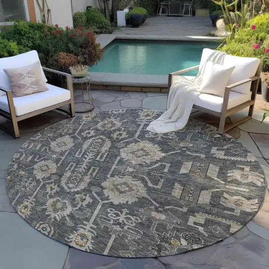8' Gray Silver And Beige Round Oriental Washable Indoor Outdoor Area Rug Photo 6