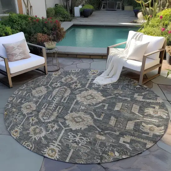 8' Gray Silver And Beige Round Oriental Washable Indoor Outdoor Area Rug Photo 6