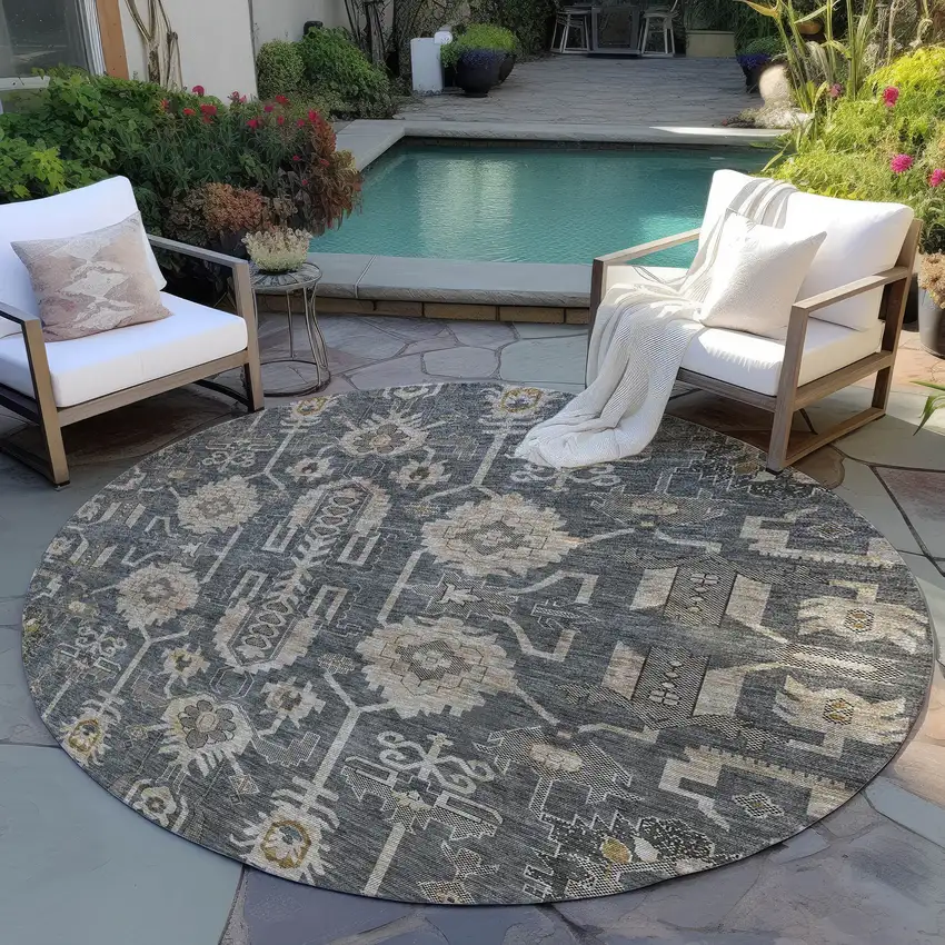8' Gray Silver And Beige Round Oriental Washable Indoor Outdoor Area Rug Photo 6