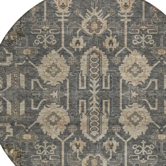 8' Gray Silver And Beige Round Oriental Washable Indoor Outdoor Area Rug Photo 4