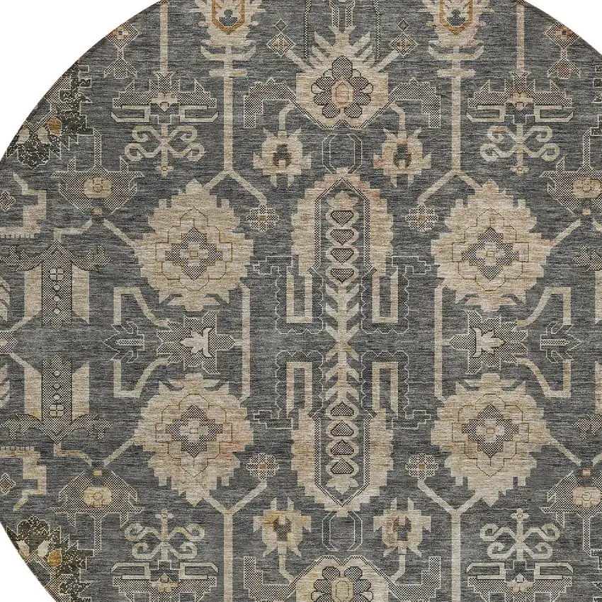 8' Gray Silver And Beige Round Oriental Washable Indoor Outdoor Area Rug Photo 4