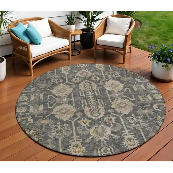 8' Gray Silver And Beige Round Oriental Washable Indoor Outdoor Area Rug Photo 1