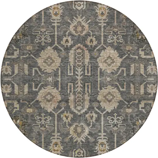 8' Gray Silver And Beige Round Oriental Washable Indoor Outdoor Area Rug Photo 1