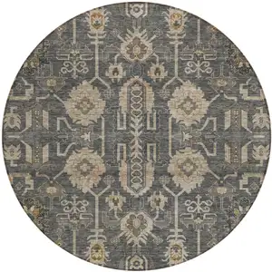 Photo of 8' Gray Silver And Beige Round Oriental Washable Indoor Outdoor Area Rug