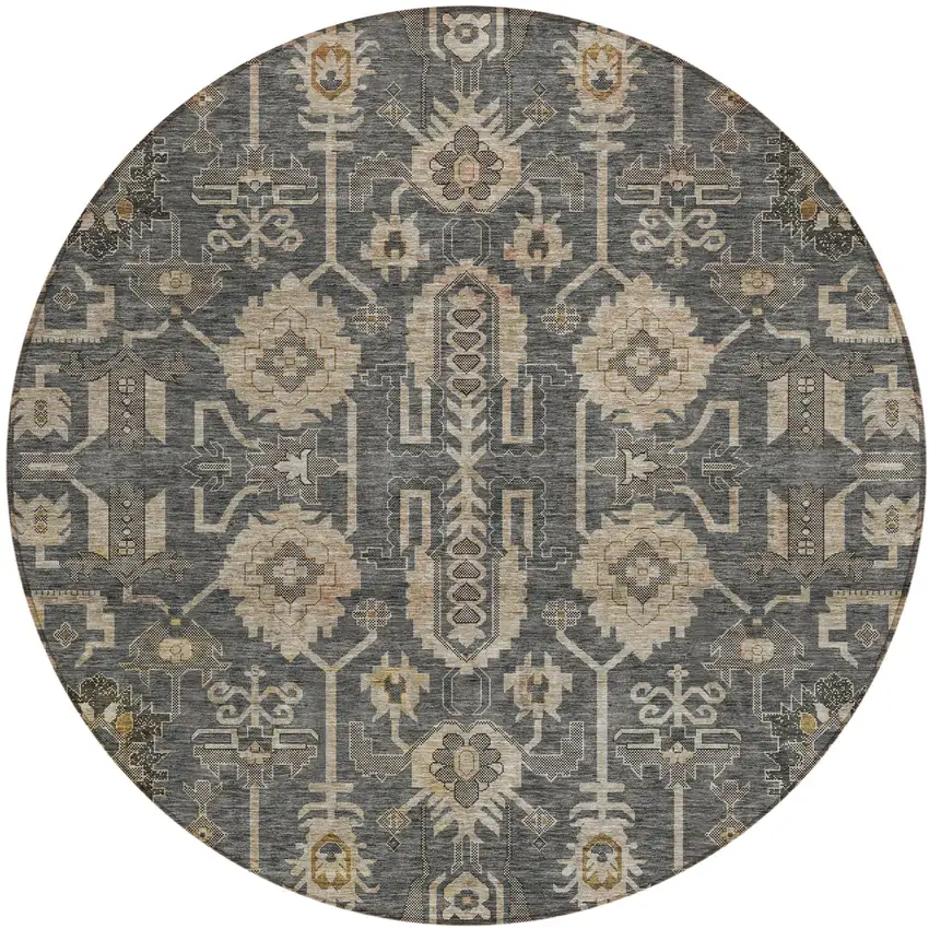 8' Gray Silver And Beige Round Oriental Washable Indoor Outdoor Area Rug Photo 1