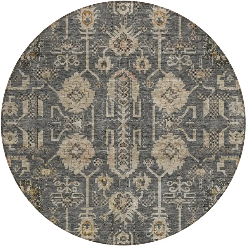 8' Gray Silver And Beige Round Oriental Washable Indoor Outdoor Area Rug Photo 1