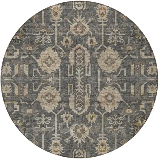 8' Gray Silver And Beige Round Oriental Washable Indoor Outdoor Area Rug Photo 5