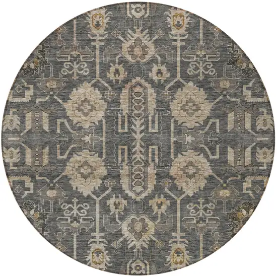 8' Gray Silver And Beige Round Oriental Washable Indoor Outdoor Area Rug Photo 5