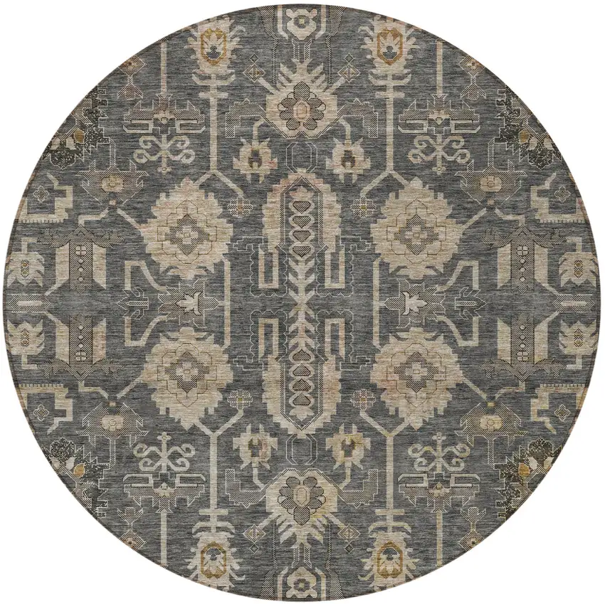 8' Gray Silver And Beige Round Oriental Washable Indoor Outdoor Area Rug Photo 5