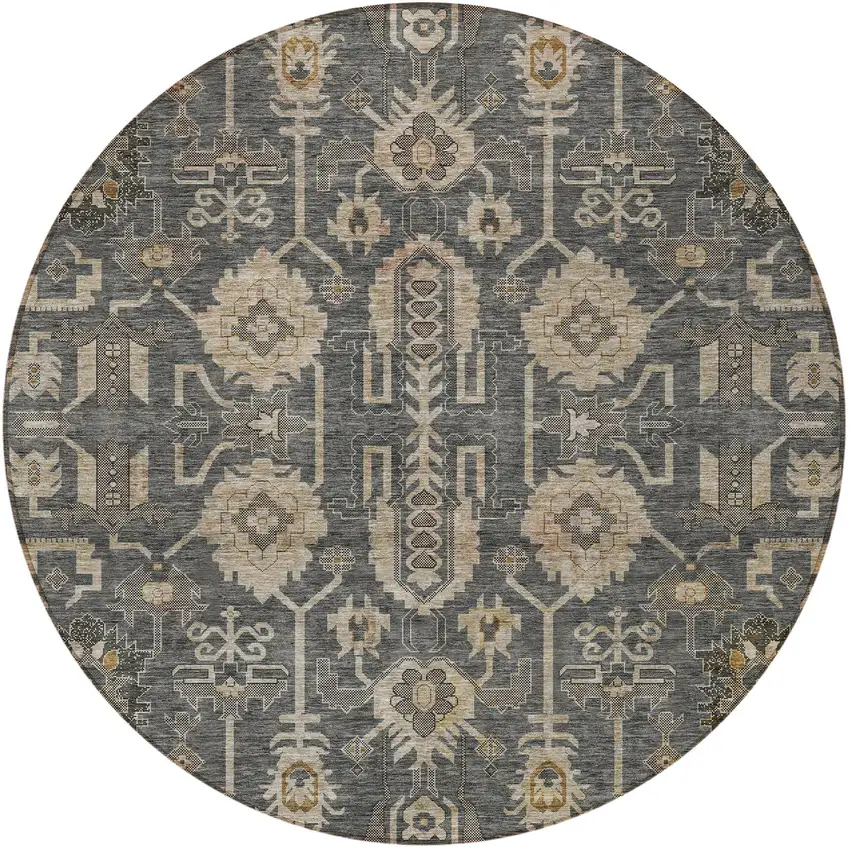 8' Gray Silver And Beige Round Oriental Washable Indoor Outdoor Area Rug Photo 5