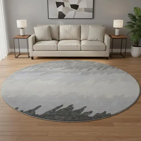 8' Gray Silver And Beige Striped Washable Round Rug With UV Protection Photo 2