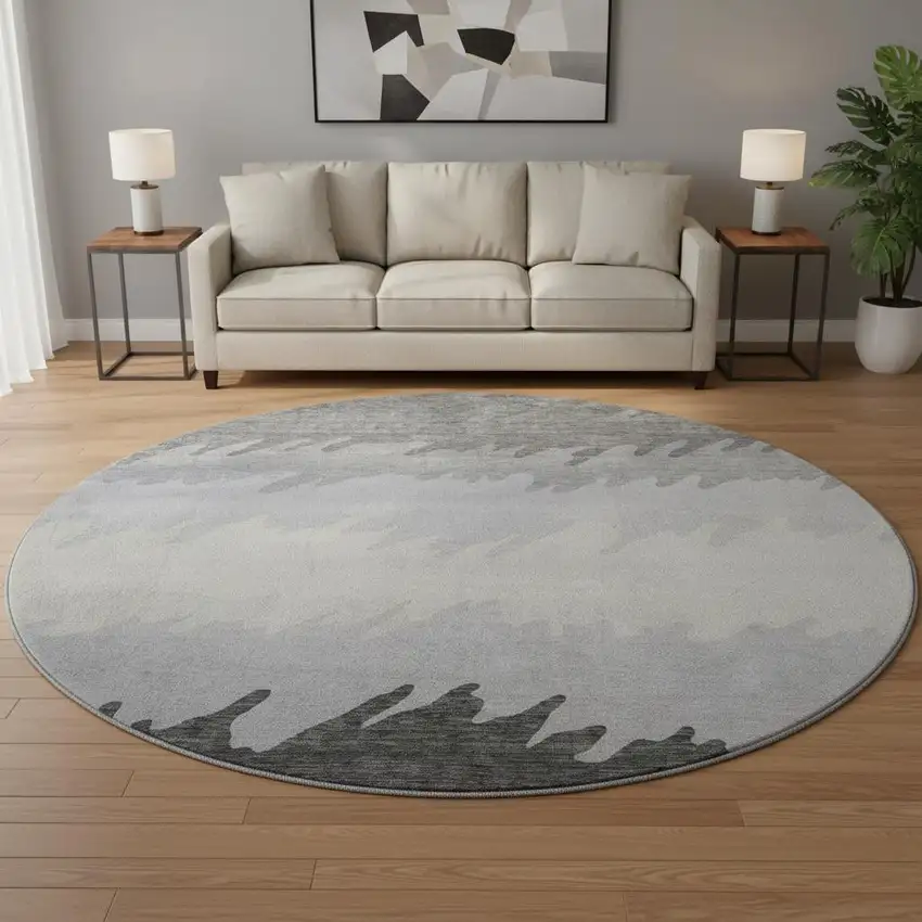 8' Gray Silver And Beige Striped Washable Round Rug With UV Protection Photo 2