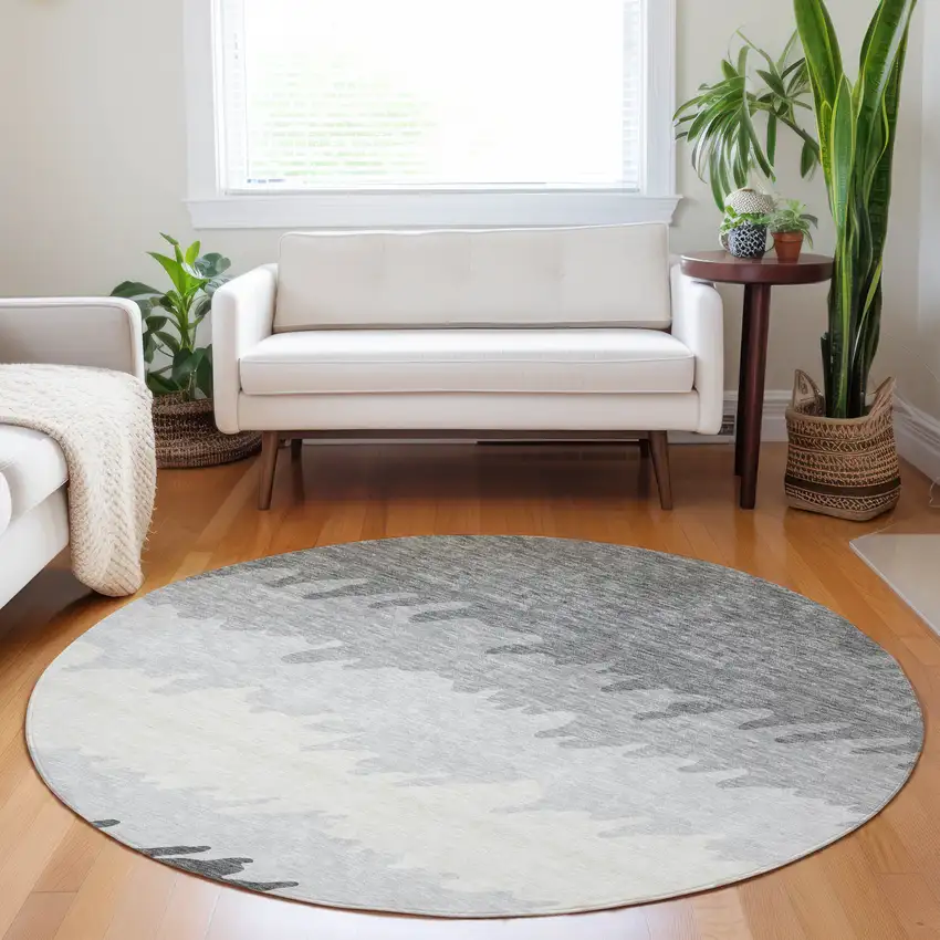 8' Gray Silver And Beige Striped Washable Round Rug With UV Protection Photo 5