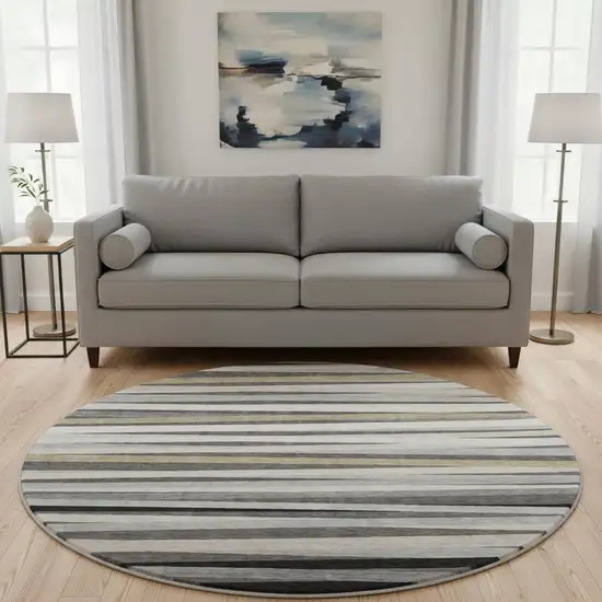 8' Gray Silver And Beige Striped Washable Round Rug With UV Protection Photo 2
