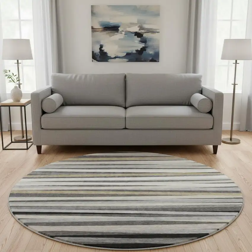 8' Gray Silver And Beige Striped Washable Round Rug With UV Protection Photo 2