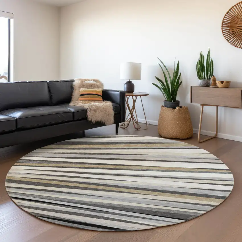 8' Gray Silver And Beige Striped Washable Round Rug With UV Protection Photo 4