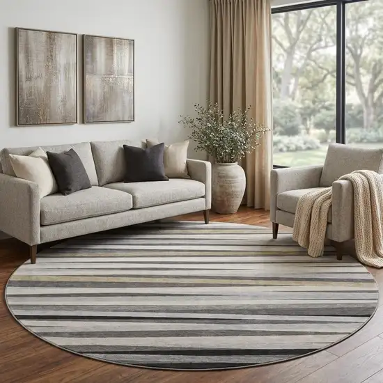 8' Gray Silver And Beige Striped Washable Round Rug With UV Protection Photo 1
