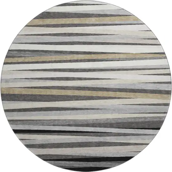 8' Gray Silver And Beige Striped Washable Round Rug With UV Protection Photo 1