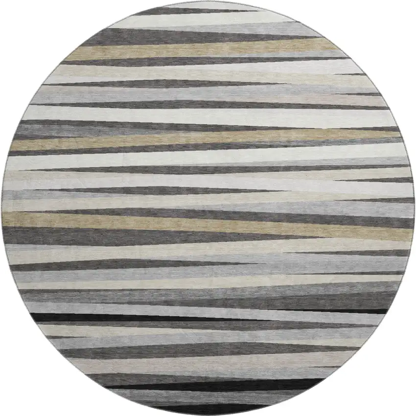 8' Gray Silver And Beige Striped Washable Round Rug With UV Protection Photo 1