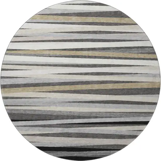 8' Gray Silver And Beige Striped Washable Round Rug With UV Protection Photo 3