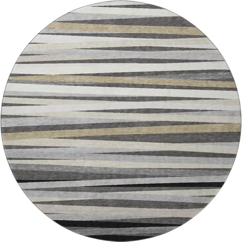 8' Gray Silver And Beige Striped Washable Round Rug With UV Protection Photo 3
