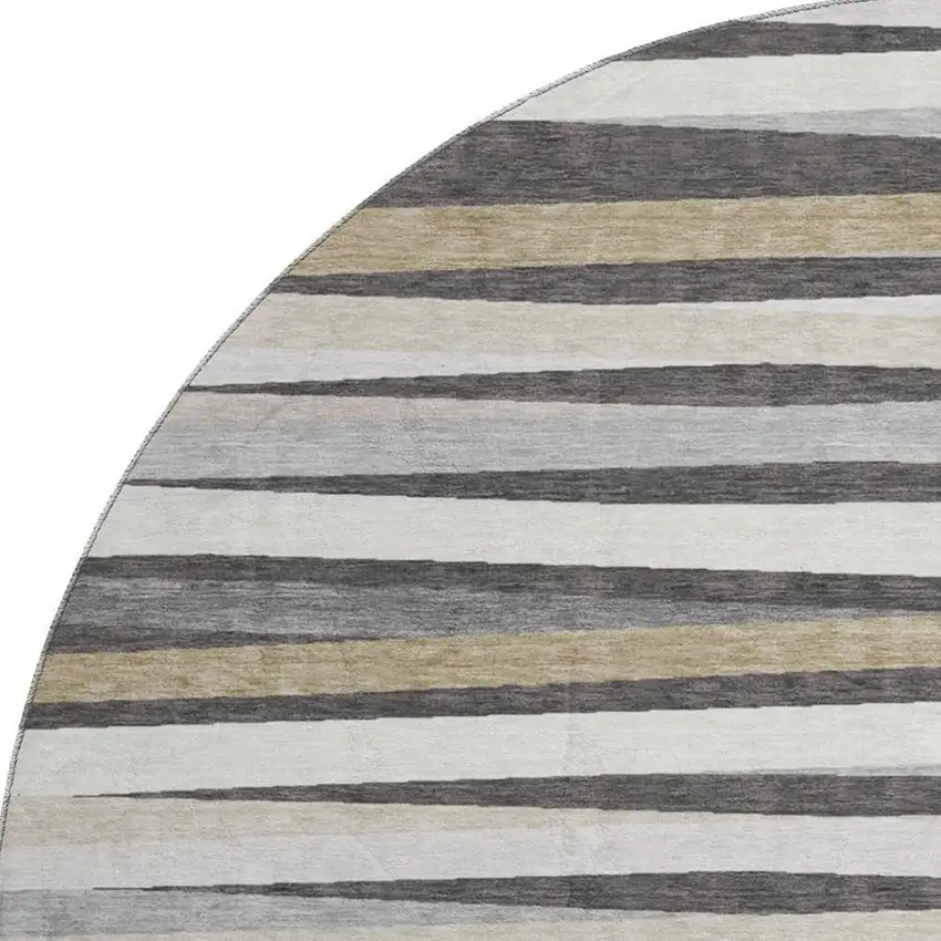 8' Gray Silver And Beige Striped Washable Round Rug With UV Protection Photo 2