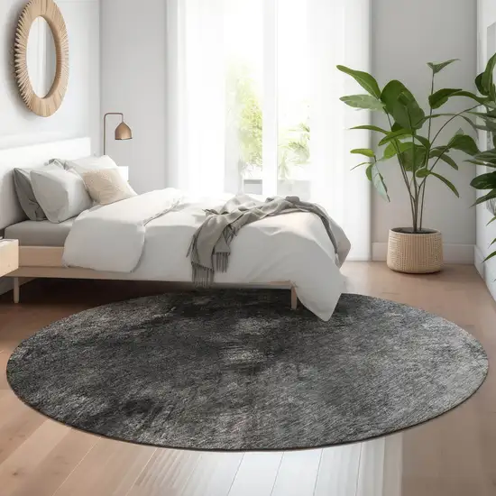 8' Gray Silver And Black Abstract Washable Round Rug With UV Protection Photo 5