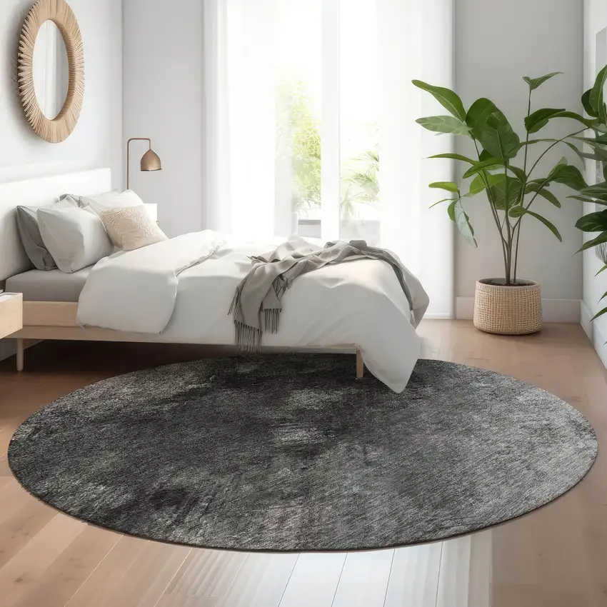 8' Gray Silver And Black Abstract Washable Round Rug With UV Protection Photo 5