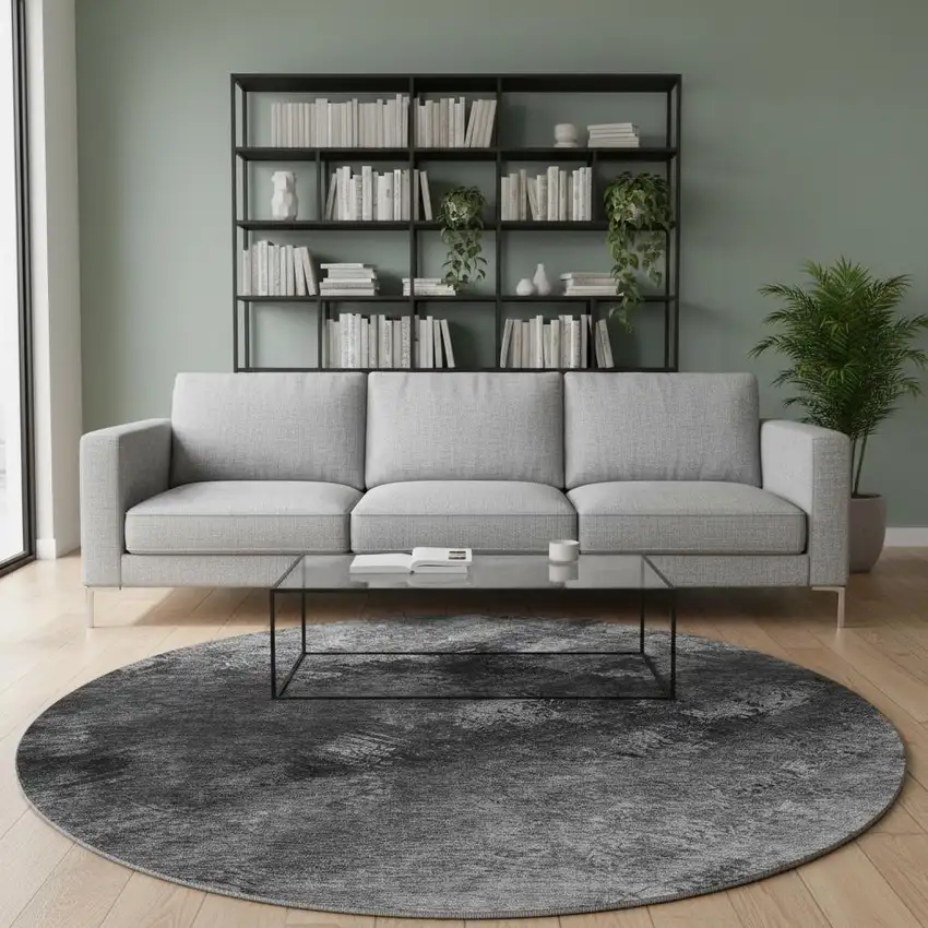 8' Gray Silver And Black Abstract Washable Round Rug With UV Protection Photo 2