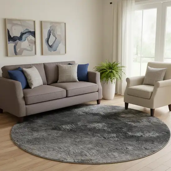 8' Gray Silver And Black Abstract Washable Round Rug With UV Protection Photo 1