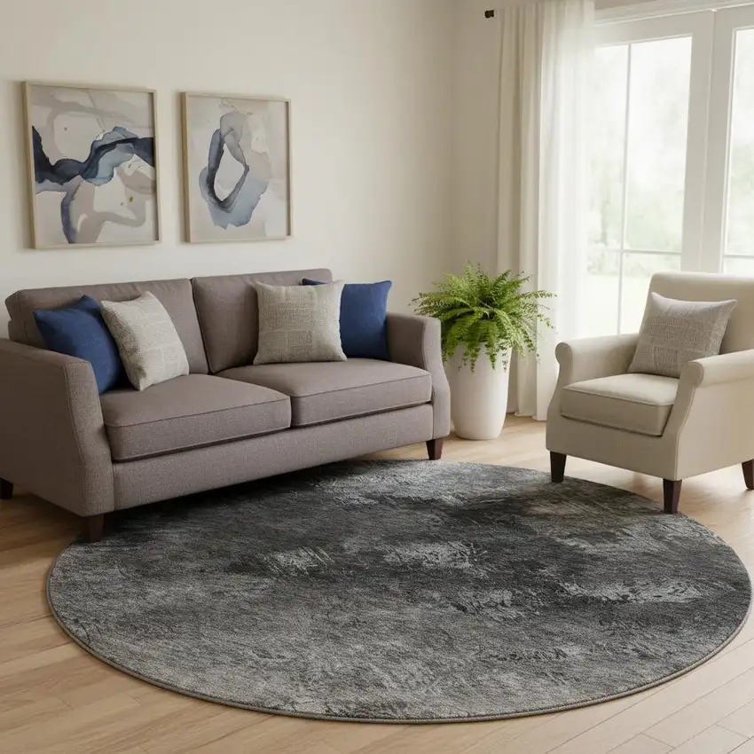 8' Gray Silver And Black Abstract Washable Round Rug With UV Protection Photo 1