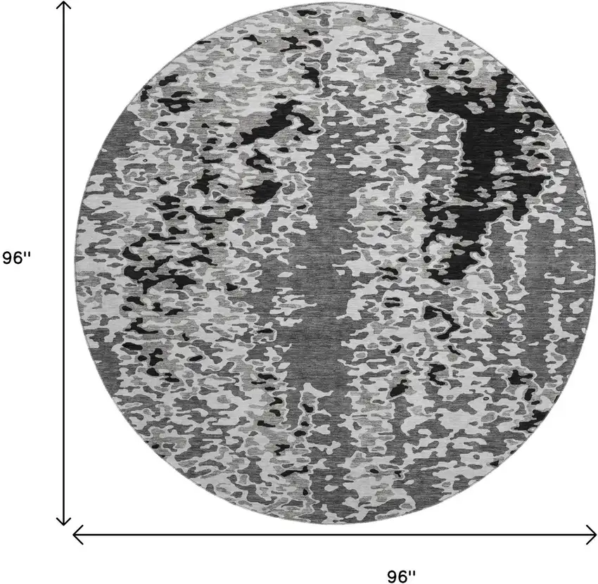 8' Gray Silver And Black Abstract Washable Round Rug With UV Protection Photo 9