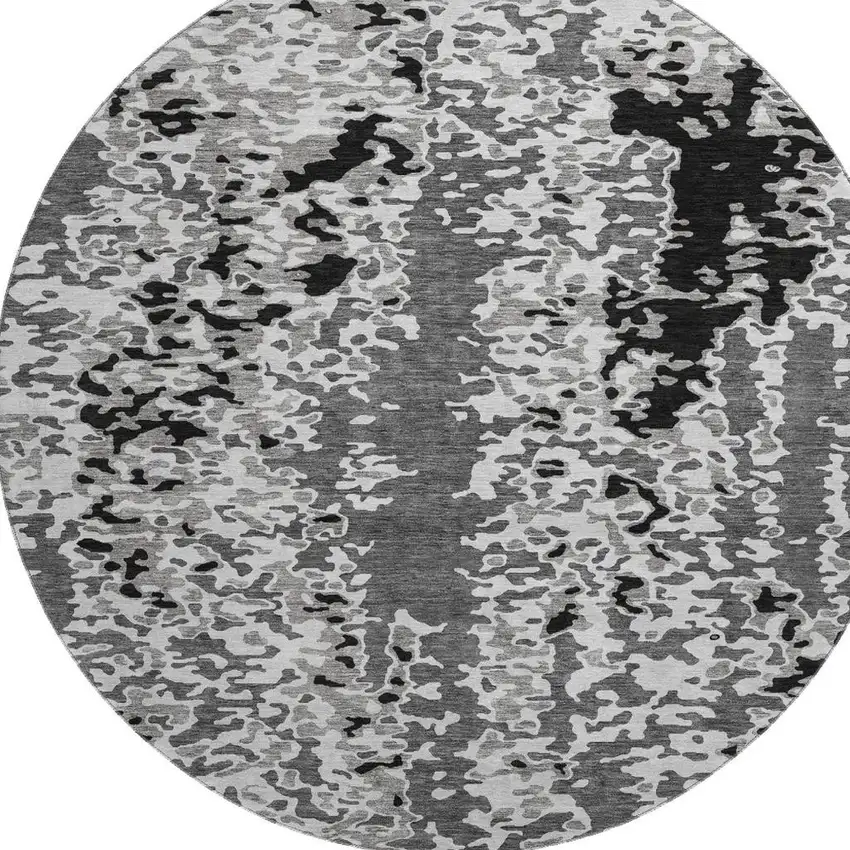 8' Gray Silver And Black Abstract Washable Round Rug With UV Protection Photo 3