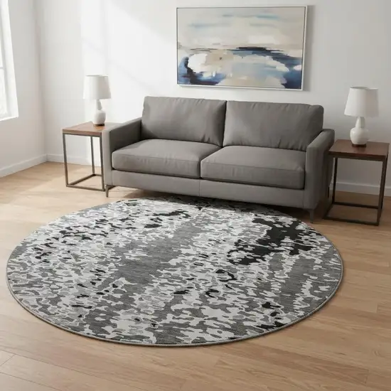 8' Gray Silver And Black Abstract Washable Round Rug With UV Protection Photo 2