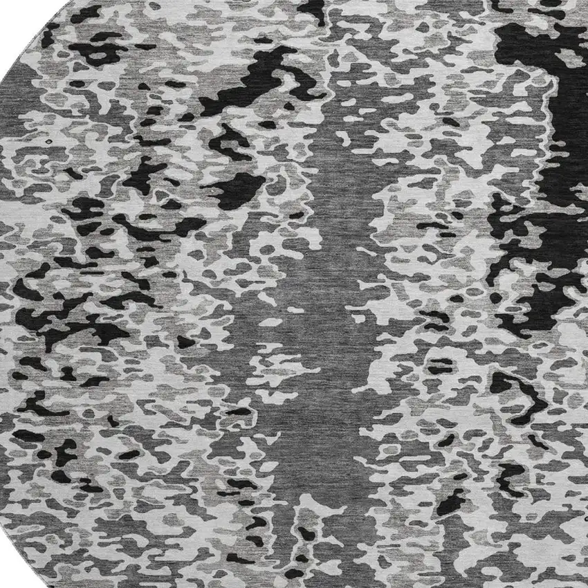 8' Gray Silver And Black Abstract Washable Round Rug With UV Protection Photo 2