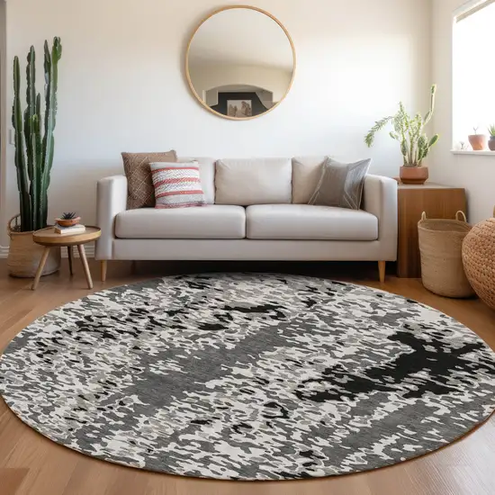 8' Gray Silver And Black Abstract Washable Round Rug With UV Protection Photo 4
