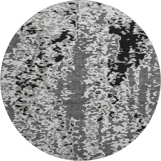 8' Gray Silver And Black Abstract Washable Round Rug With UV Protection Photo 1