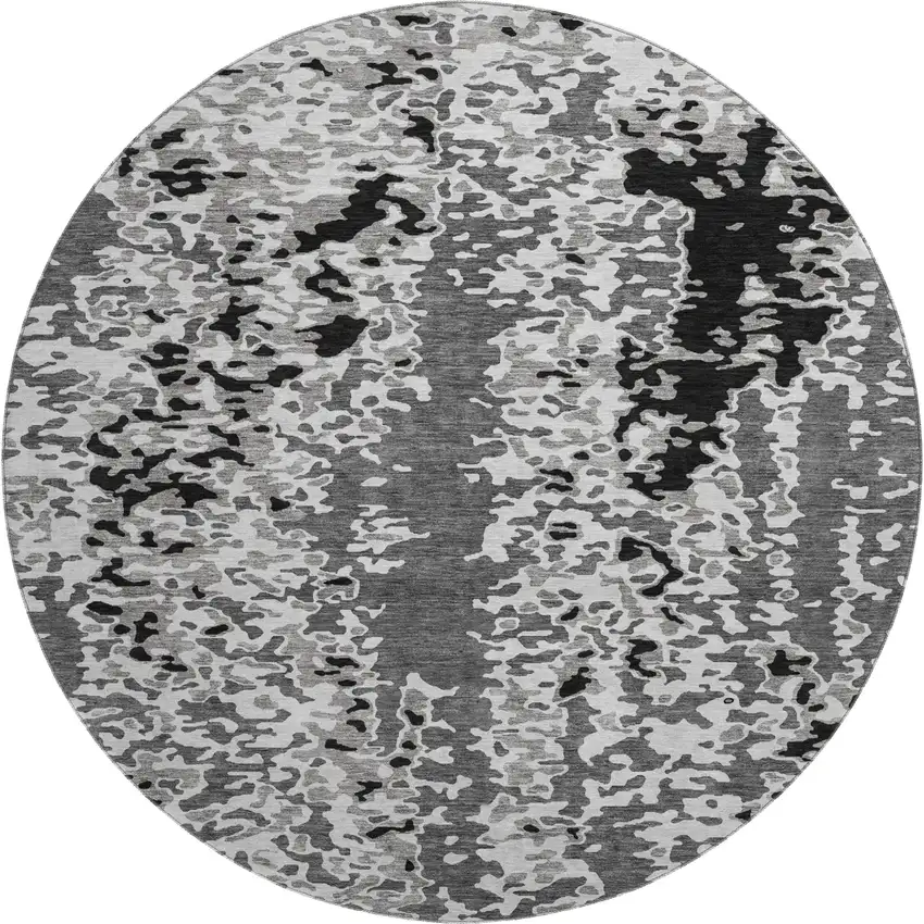 8' Gray Silver And Black Abstract Washable Round Rug With UV Protection Photo 1