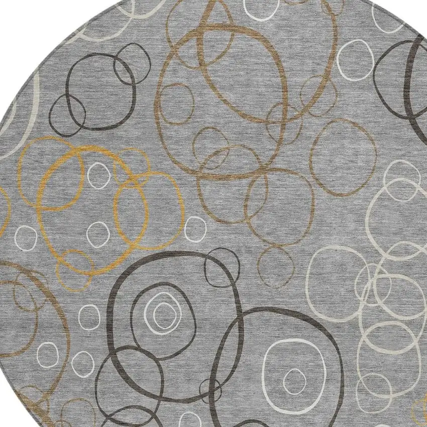 8' Gray Silver And Black Round Geometric Washable Indoor Outdoor Area Rug Photo 2