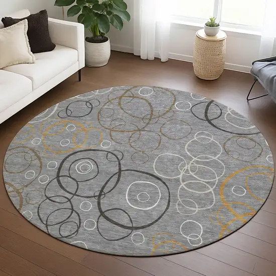 8' Gray Silver And Black Round Geometric Washable Indoor Outdoor Area Rug Photo 5