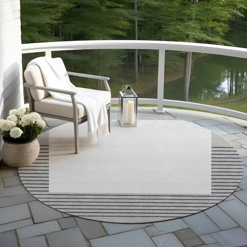 8' Gray Silver And Black Round Striped Washable Indoor Outdoor Area Rug Photo 6