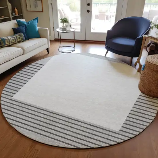 8' Gray Silver And Black Round Striped Washable Indoor Outdoor Area Rug Photo 7