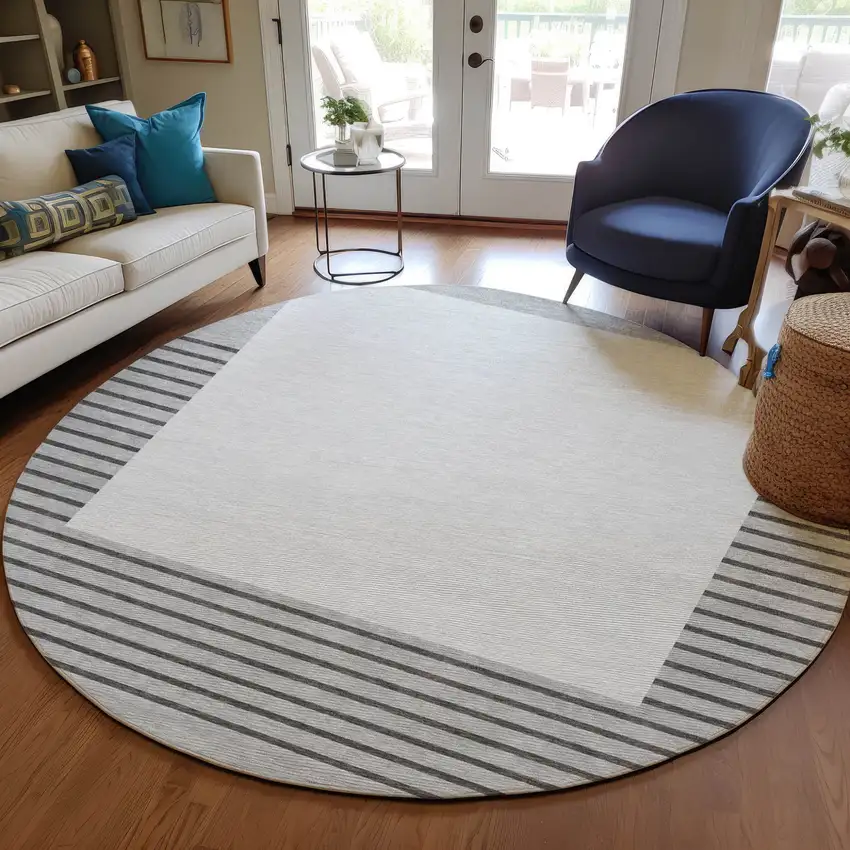 8' Gray Silver And Black Round Striped Washable Indoor Outdoor Area Rug Photo 7