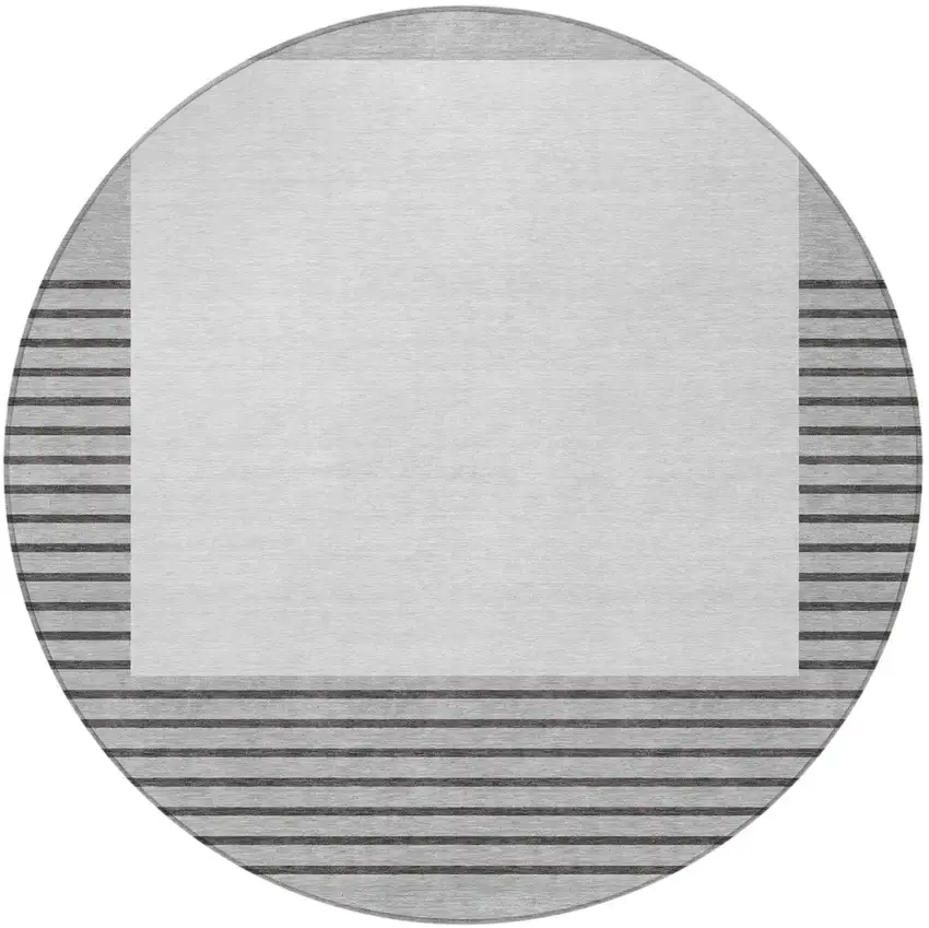 8' Gray Silver And Black Round Striped Washable Indoor Outdoor Area Rug Photo 5