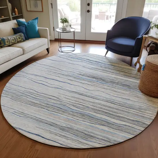 8' Gray Silver And Blue Round Striped Washable Indoor Outdoor Area Rug Photo 6