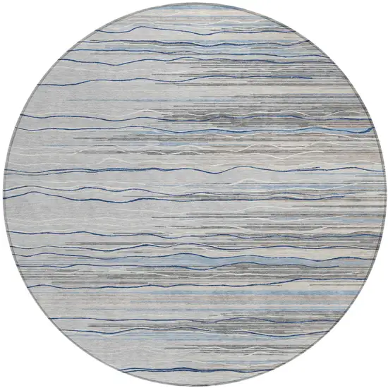 8' Gray Silver And Blue Round Striped Washable Indoor Outdoor Area Rug Photo 2