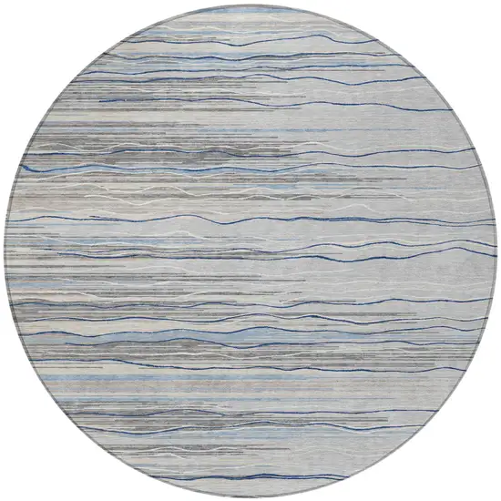 8' Gray Silver And Blue Round Striped Washable Indoor Outdoor Area Rug Photo 4